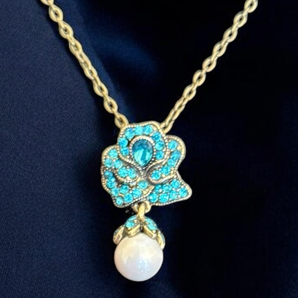 Heidi Daus Turquoise Swarovski Crystal Floral Pendant With Pearl Tear Drop